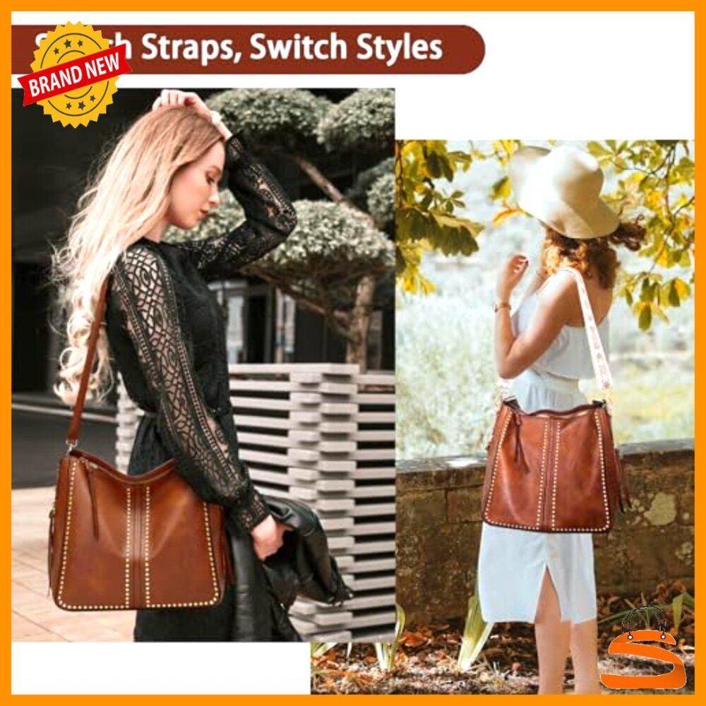 Large Hobo Tote Bag with Wallet, Studded Shoulder Handbag, Adjustable Straps - Picture 3 of 7